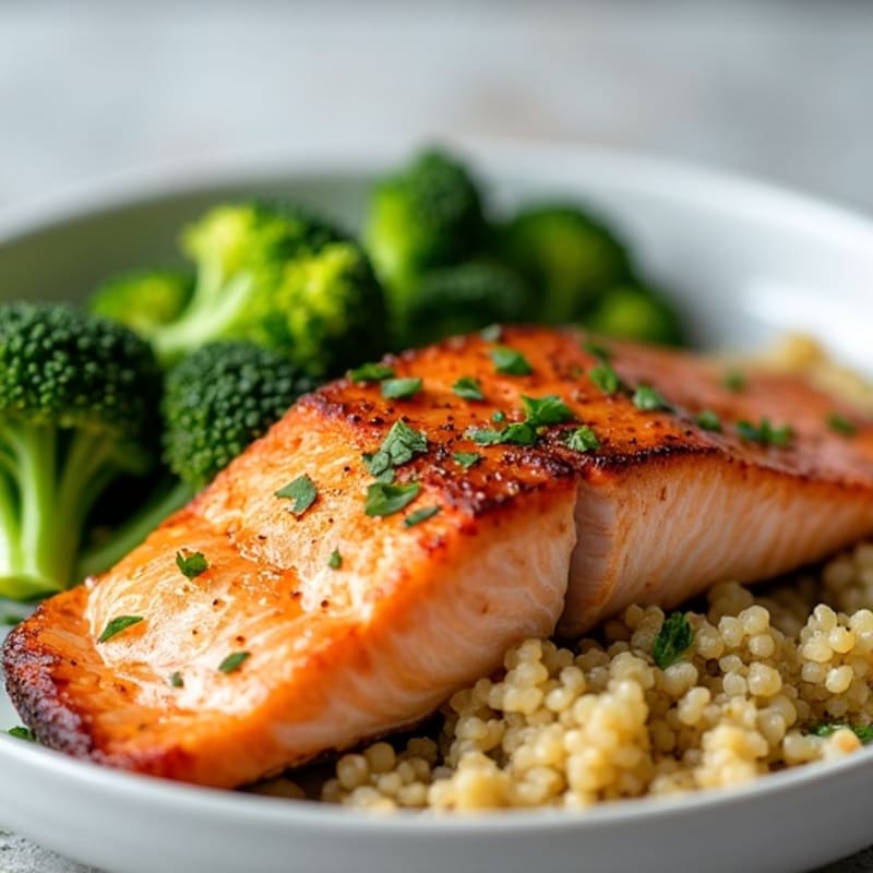 Seared Salmon with Steamed Broccoli and Quinoa