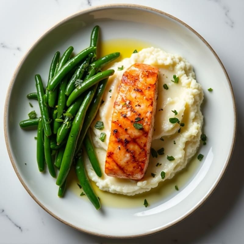 Seared Salmon Fillet with Garlic Green Beans and Cauliflower Mash