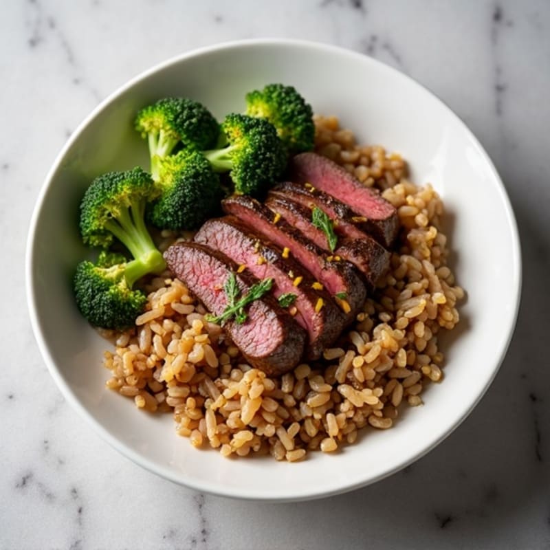 Garlic Ginger Beef with Roasted Broccoli and Brown Rice