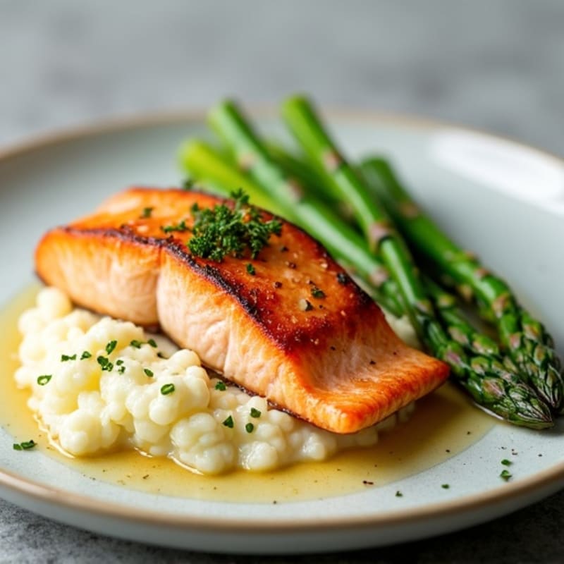 Seared Salmon with Steamed Asparagus and Garlic Cauliflower Mash