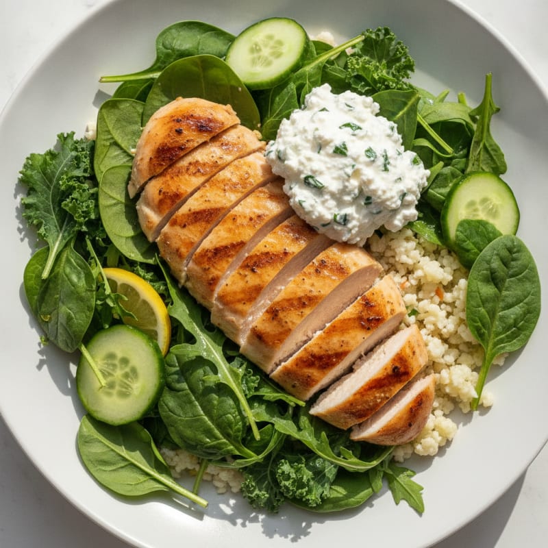 Grilled Chicken and Cauliflower Rice Salad with Fresh Greens