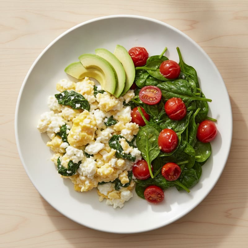 Cottage Cheese Scramble with Sautéed Spinach and Cherry Tomatoes