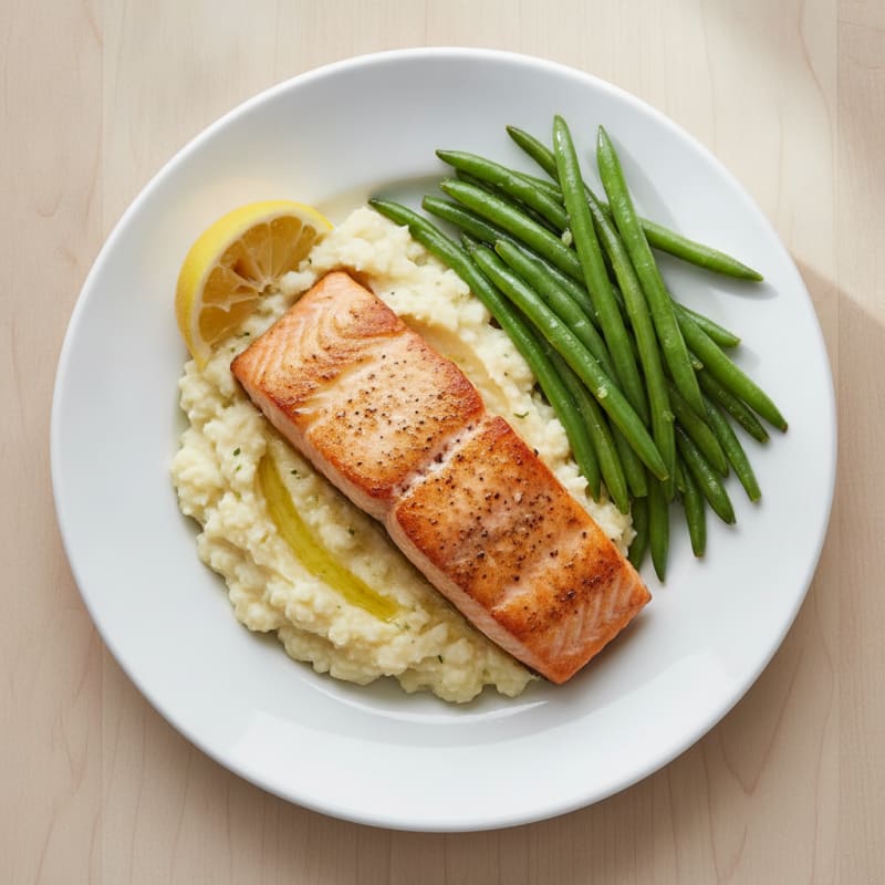 Seared Salmon Fillet with Steamed Green Beans and Garlic Mashed Cauliflower