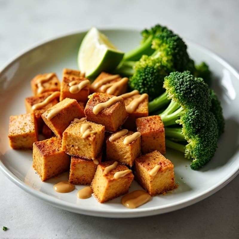 Crispy Baked Tofu with Roasted Broccoli and Peanut Drizzle