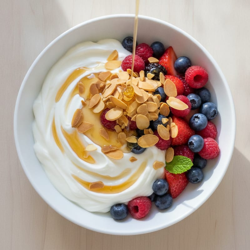 Greek Yogurt Protein Parfait with Mixed Berries and Almonds