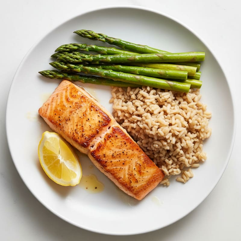 Seared Salmon with Steamed Asparagus and Brown Rice