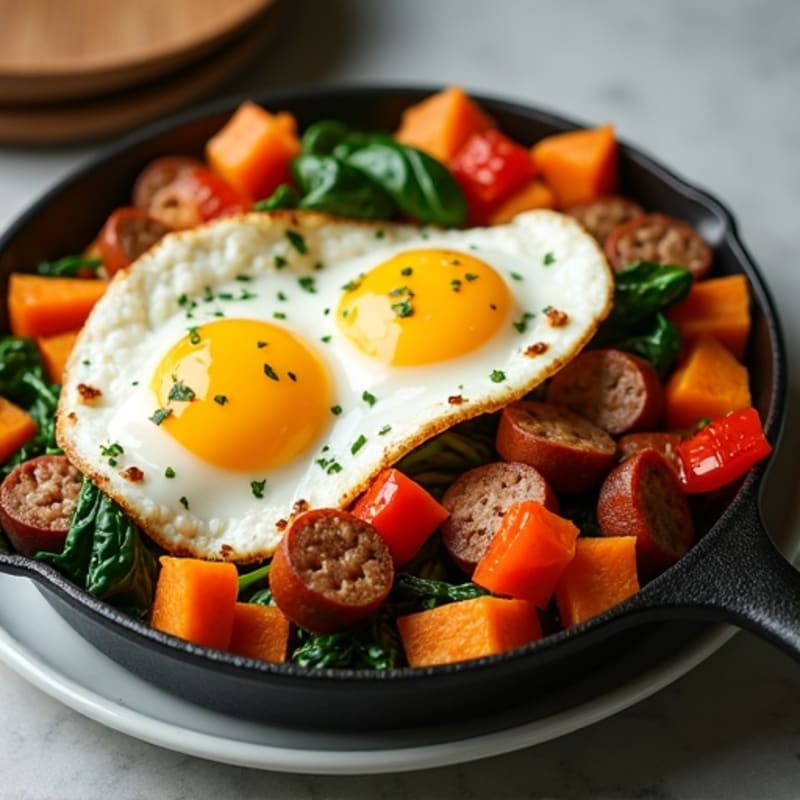 Hearty Sweet Potato and Lean Chicken Sausage Skillet with Baked Eggs