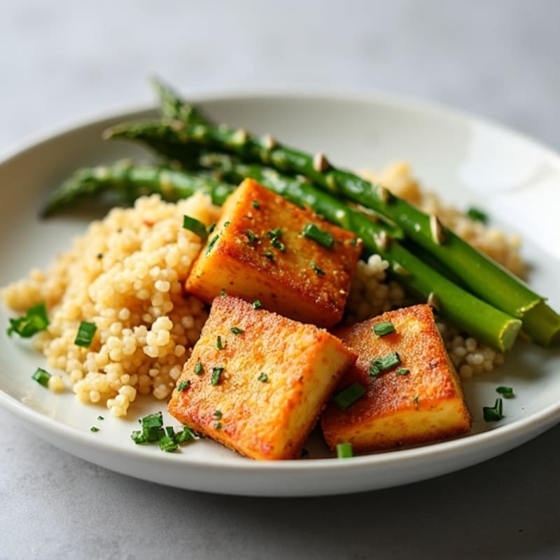 Crispy Baked Tofu with Roasted Asparagus and Quinoa