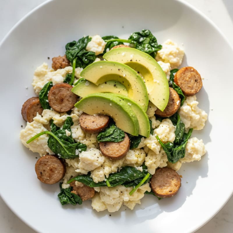 Egg White Scramble with Turkey Sausage and Sautéed Spinach