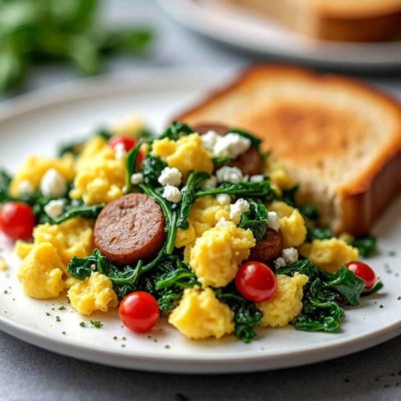 Egg White and Turkey Sausage Scramble with Spinach, Feta & Toast