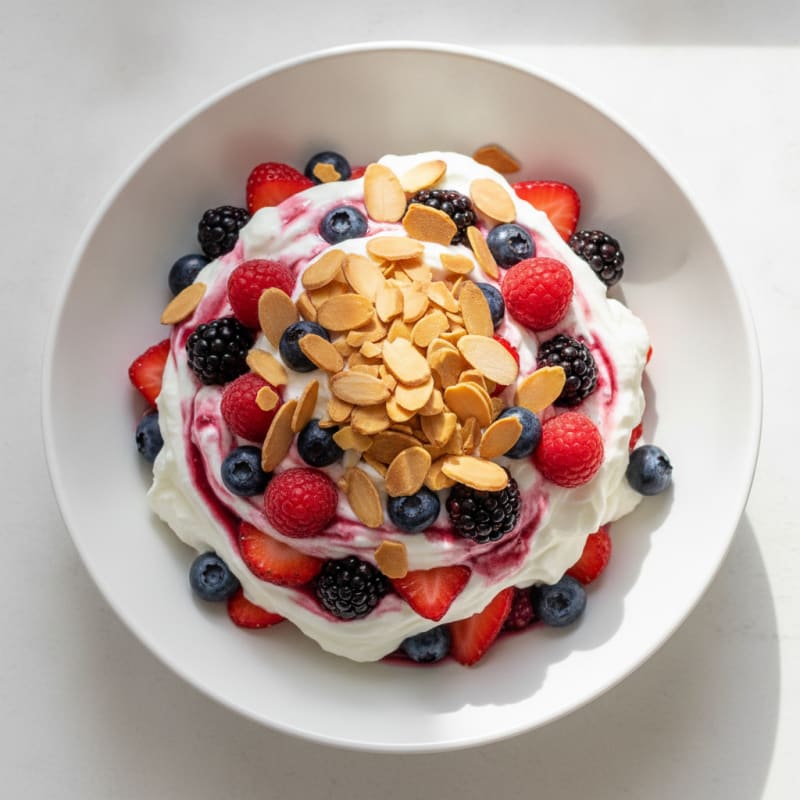 Thick Greek Yogurt Protein Parfait with Mixed Berries and Almonds