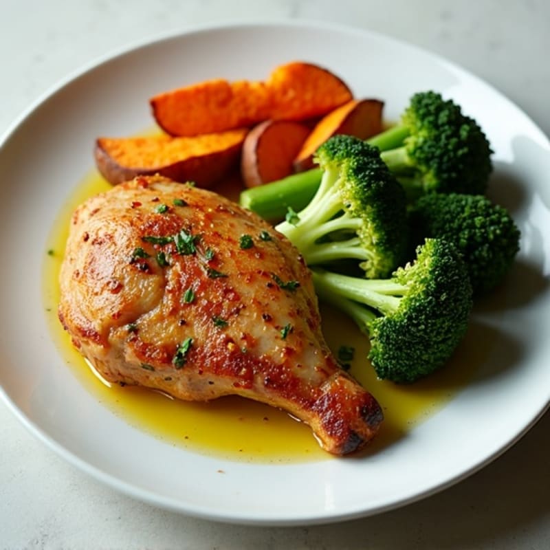 Crispy Baked Chicken Thighs with Garlic Roasted Broccoli and Sweet Potato Wedges
