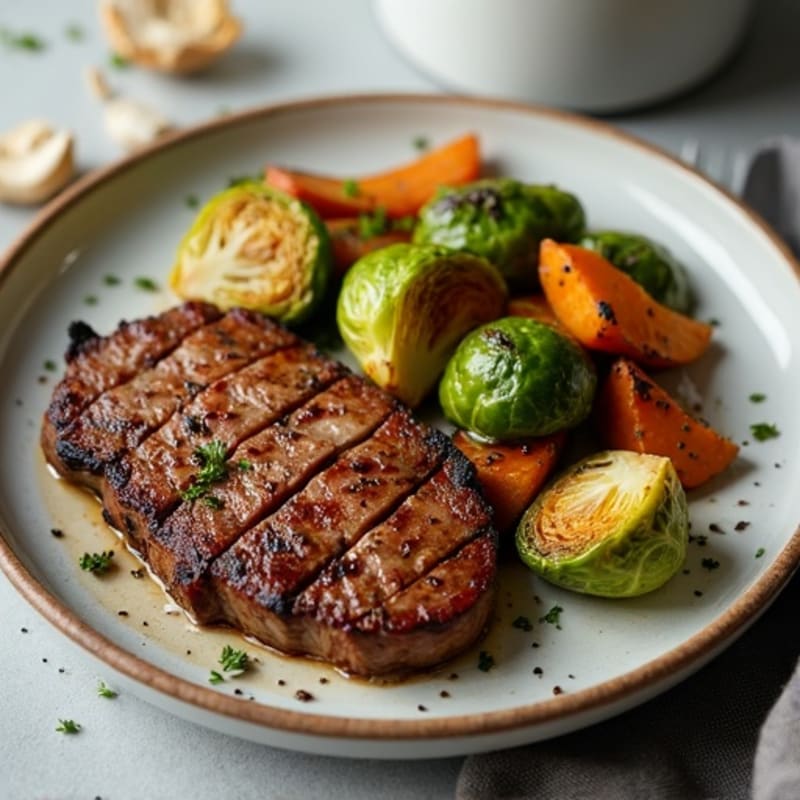 Savory Venison Skillet with Crispy Brussels Sprouts and Sweet Potato