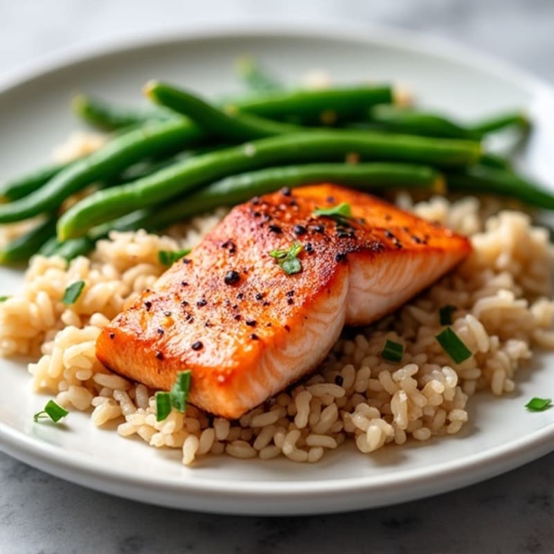 Seared Salmon with Steamed Green Beans and Brown Rice