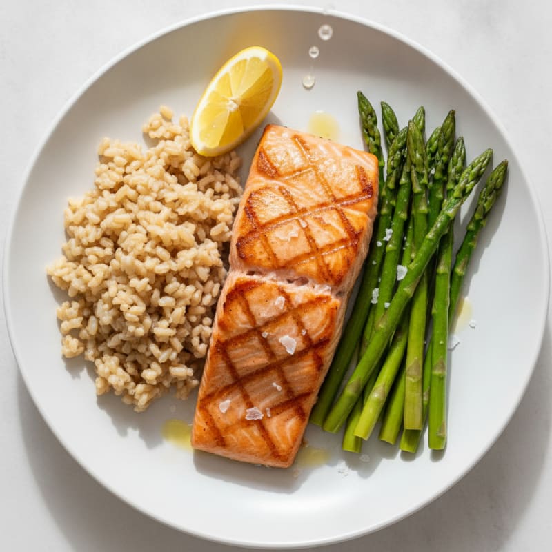 Seared Salmon Fillet with Steamed Asparagus and Brown Rice