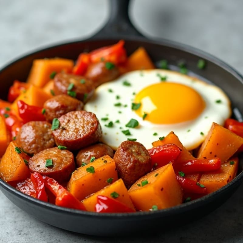 Hearty Egg and Crispy Sweet Potato Skillet with Lean Turkey Sausage