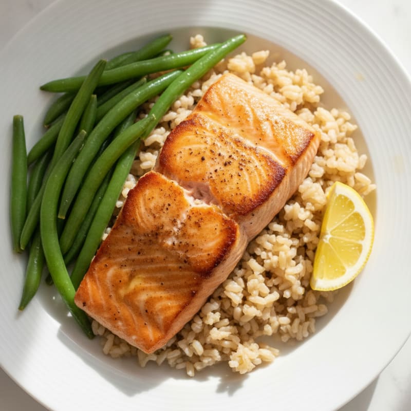 Seared Salmon with Steamed Green Beans and Brown Rice