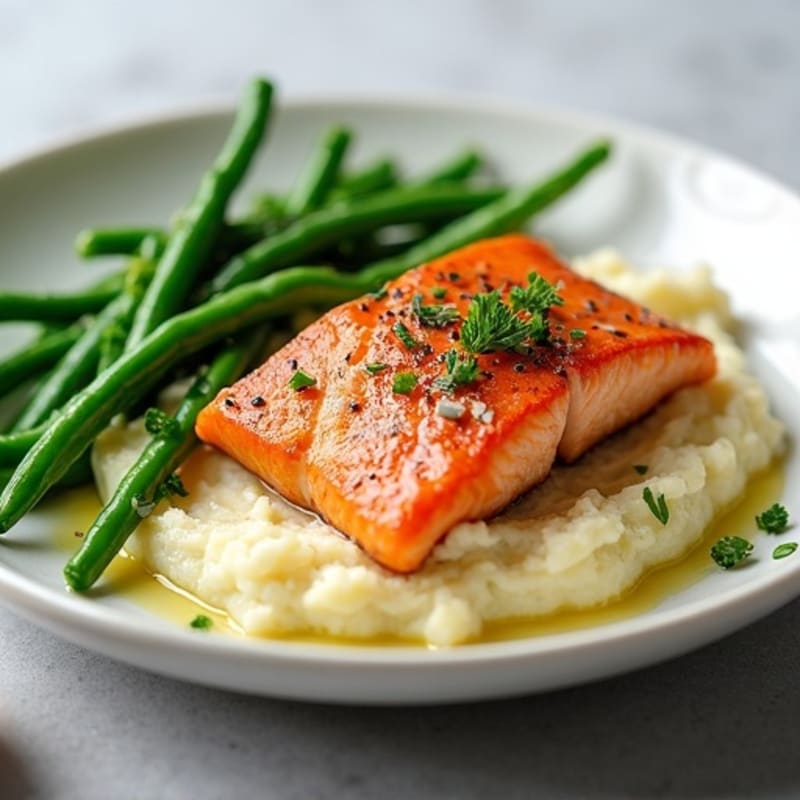 Seared Salmon with Steamed Green Beans and Cauliflower Mash
