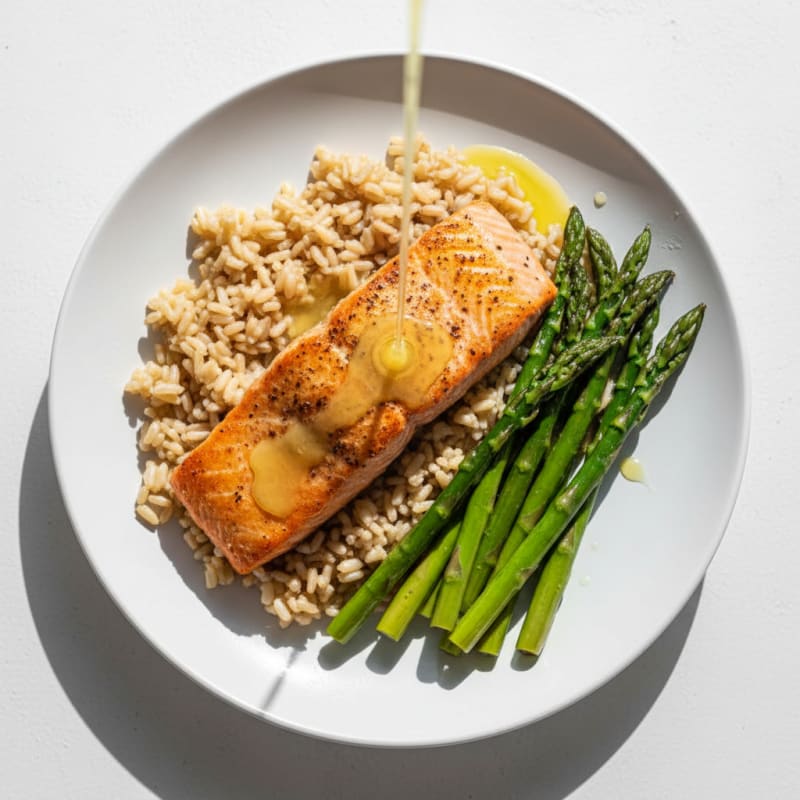 Seared Salmon with Steamed Asparagus and Brown Rice