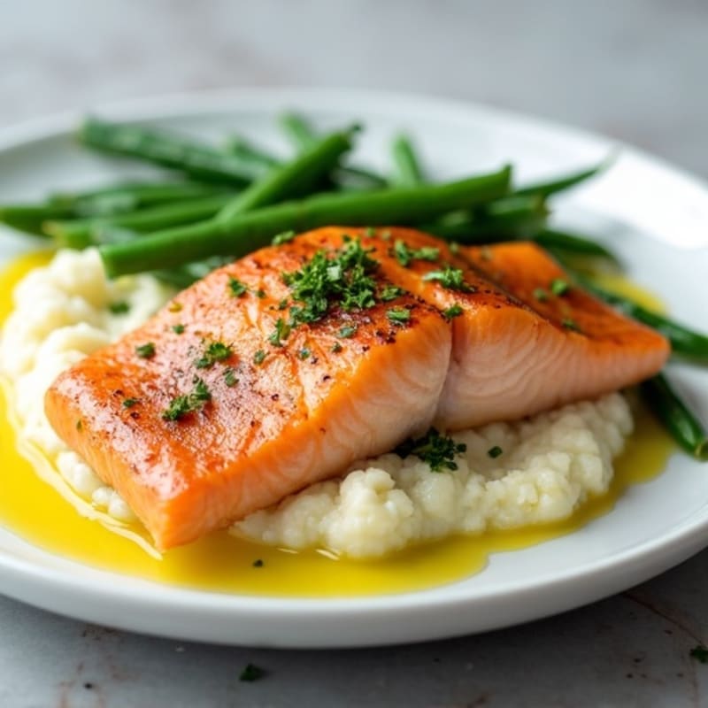 Seared Salmon with Steamed Green Beans and Cauliflower Mash