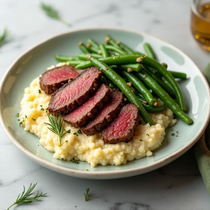 Seared Lean Beef Strips with Garlic Green Beans and Cauliflower Mash