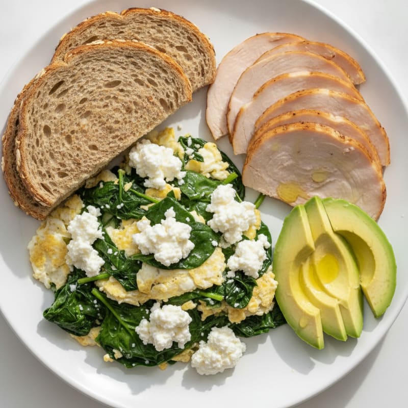 Egg White and Spinach Scramble with Cottage Cheese and Sliced Turkey