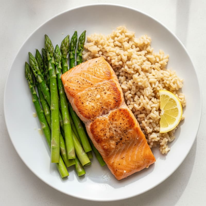 Seared Salmon with Steamed Asparagus and Brown Rice