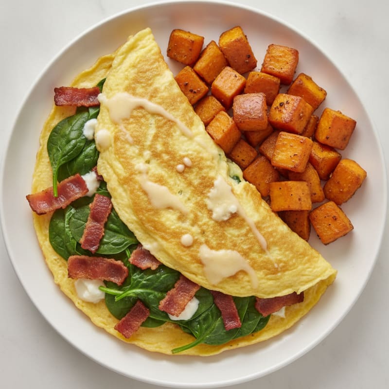 Crispy Turkey Bacon and Spinach Omelette with Roasted Sweet Potatoes