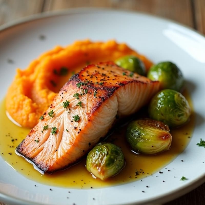 Seared Salmon with Roasted Brussels Sprouts and Sweet Potato Mash