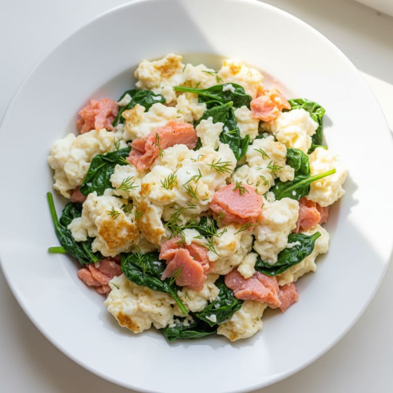 Egg White and Smoked Salmon Scramble with Baby Spinach