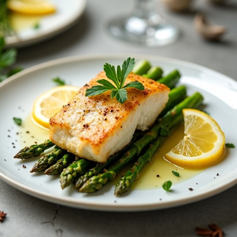 Pan-Seared Flaky Black Cod with Lemon-Herb Roasted Asparagus