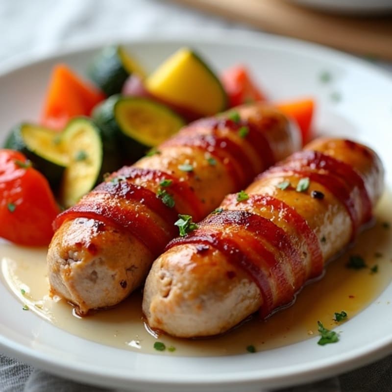 Crispy Turkey Bacon-Wrapped Chicken Sausage with Roasted Vegetables