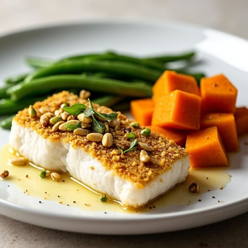 Pistachio Crusted Cod with Roasted Sweet Potatoes and Green Beans