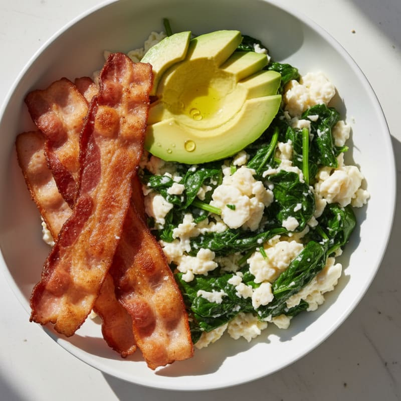 Crispy Turkey Bacon and Egg White Scramble with Sautéed Spinach