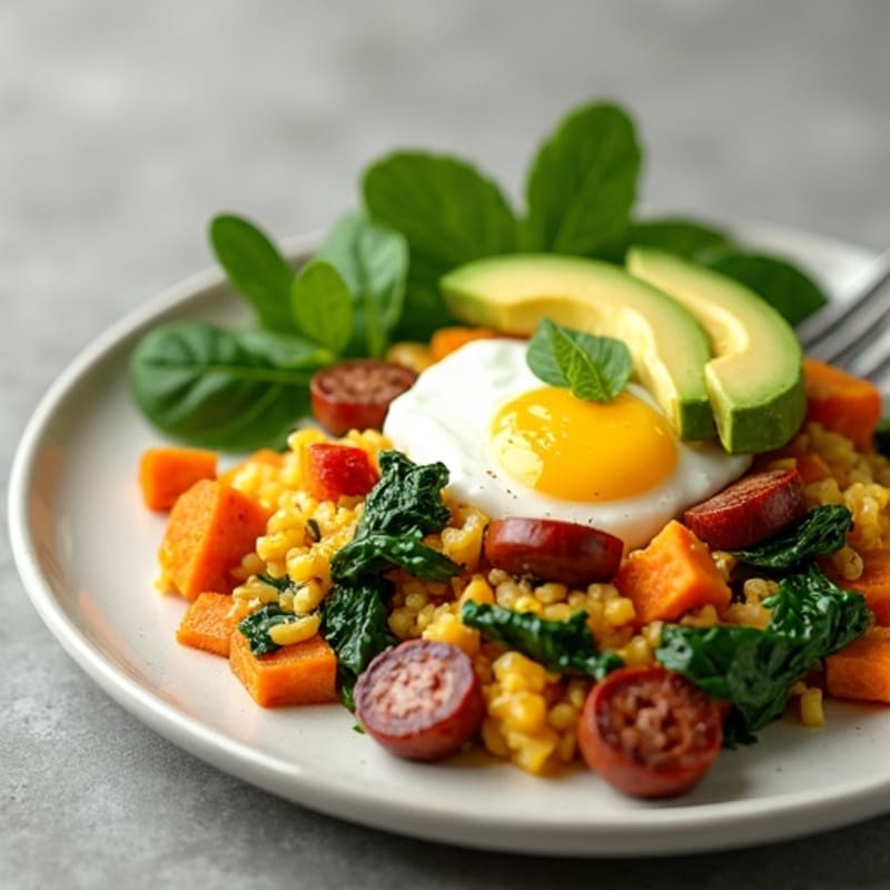 Egg White and Turkey Sausage Scramble with Spinach and Roasted Sweet Potatoes