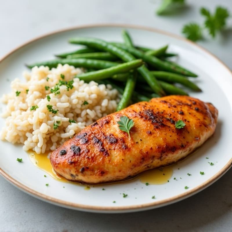 Seared Chicken Breast with Carrot Rice and Herb Beans
