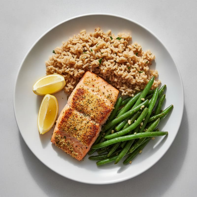Crispy Baked Salmon with Garlic Green Beans and Brown Rice