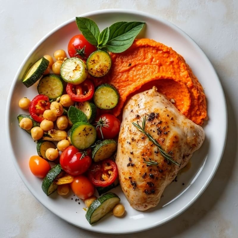 Herb-Roasted Chicken with Roasted Vegetables and Creamy Roasted Red Pepper Hummus