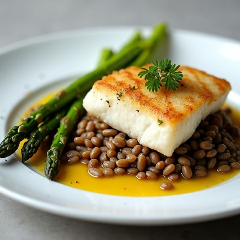 Pan Seared Cod with Herb-Roasted Asparagus and Lentils