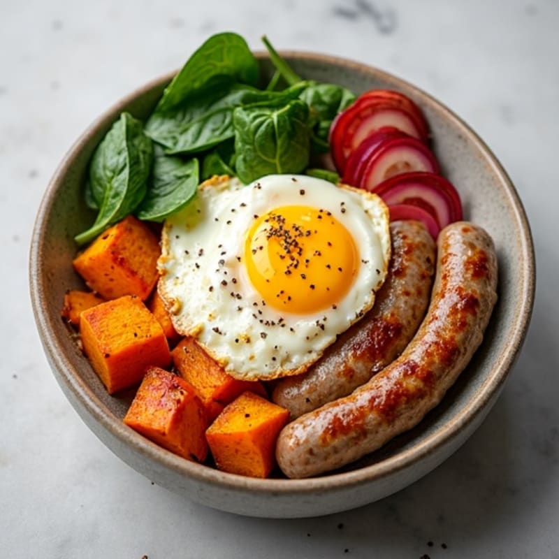 Egg White Scramble with Turkey Sausage and Roasted Sweet Potatoes
