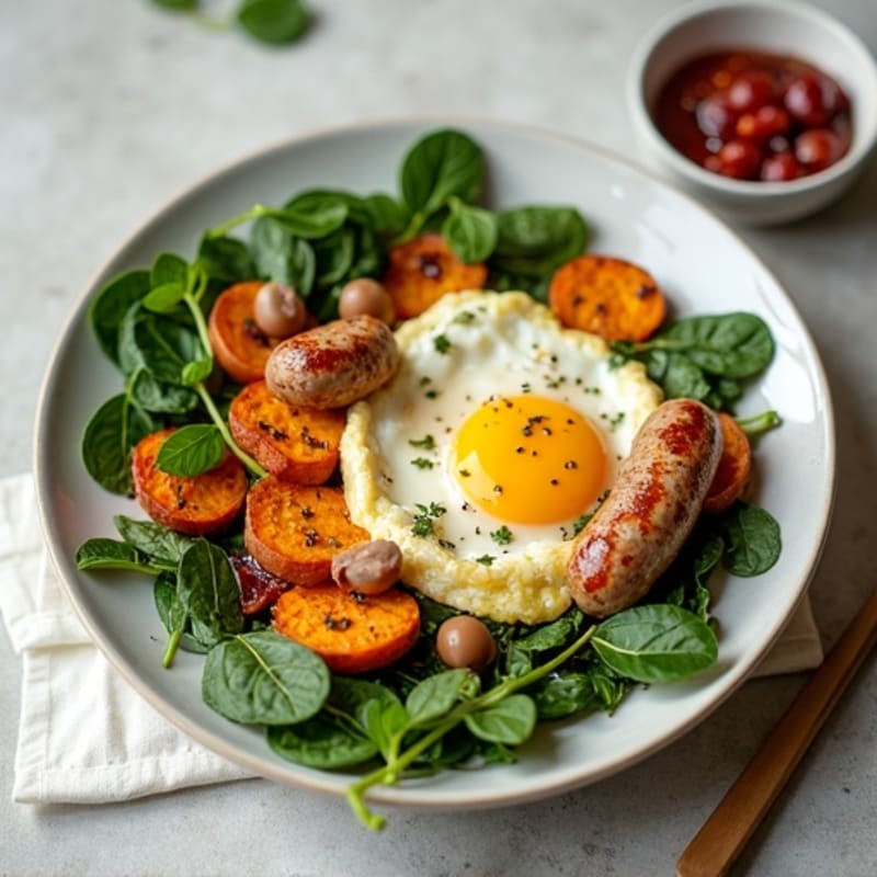 Egg White and Turkey Sausage Scramble with Spinach and Roasted Sweet Potatoes