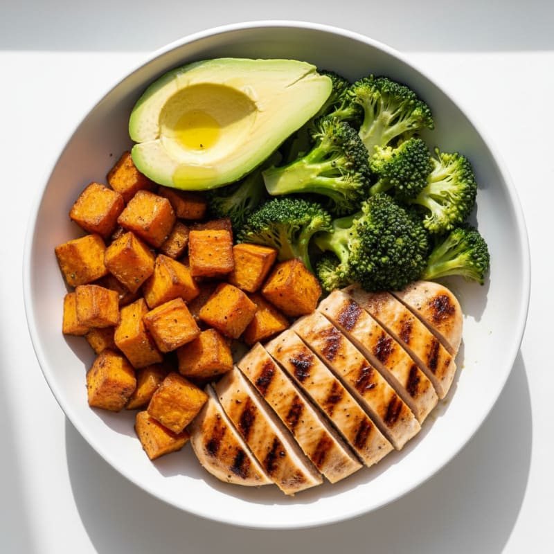Grilled Chicken Broccoli Bowl with Roasted Sweet Potatoes
