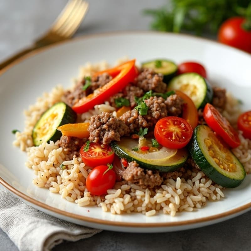 Lean Ground Beef and Brown Rice Skillet with Roasted Vegetables