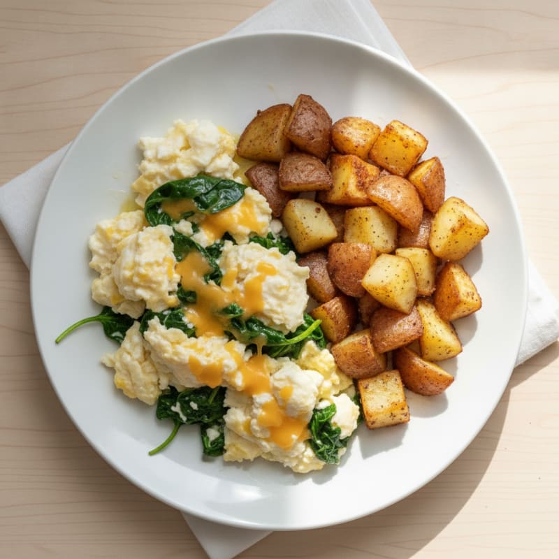 Cheesy Spinach Egg White Scramble with Roasted Potatoes
