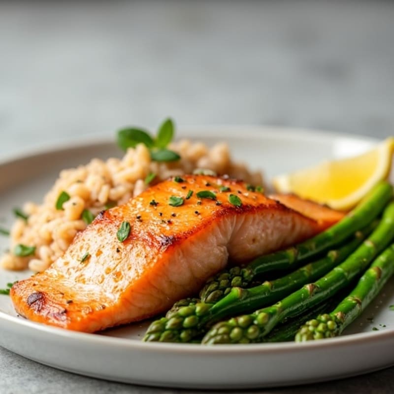 Seared Salmon with Steamed Asparagus and Brown Rice