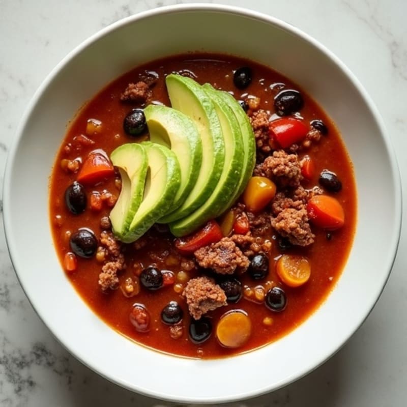 Hearty Beef and Black Bean Chili with Creamy Avocado Swirl