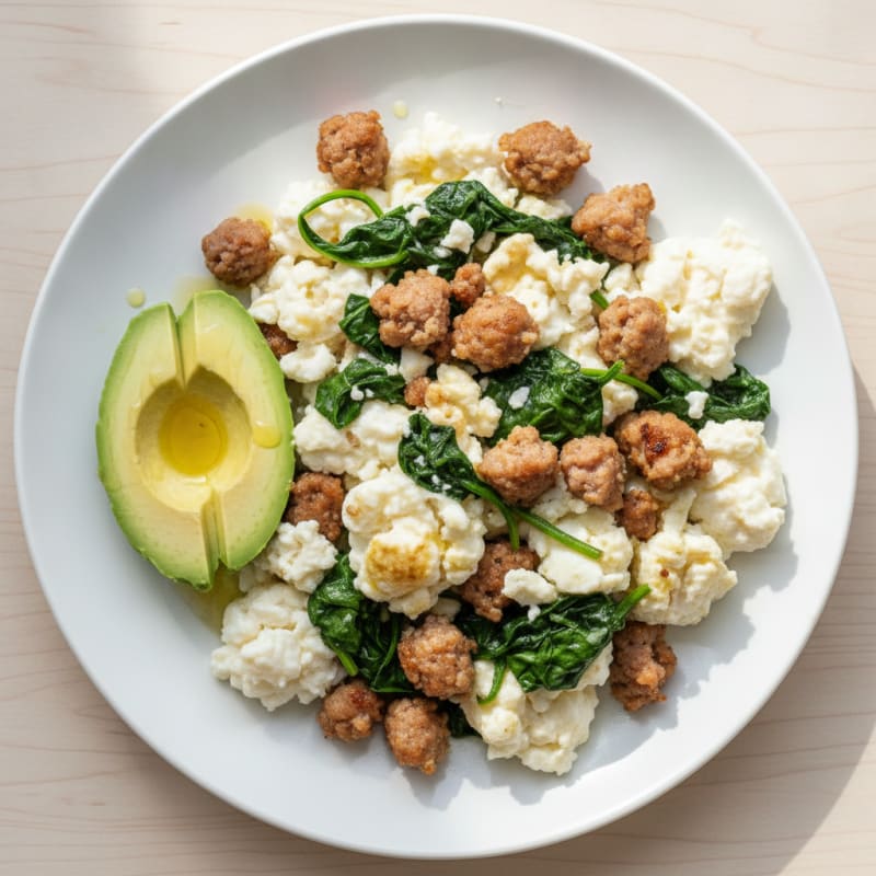 Egg White Scramble with Turkey Sausage and Sautéed Spinach