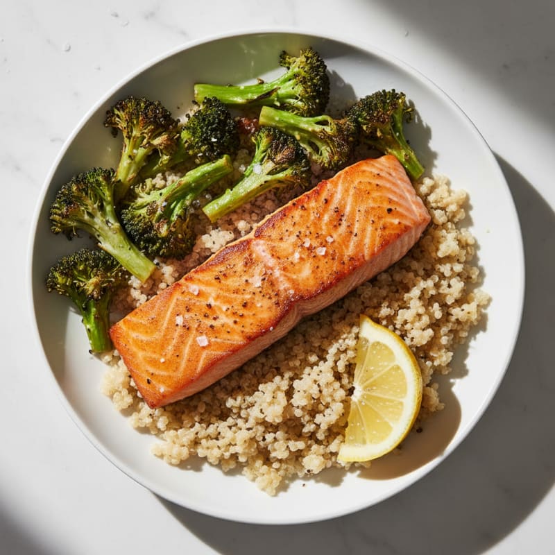 Seared Salmon with Roasted Broccoli and Quinoa