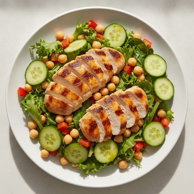 Grilled Chicken Breast Salad with Chickpeas and Crunchy Veggies
