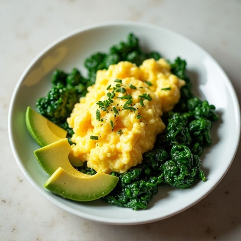 Fluffy Herb Scrambled Eggs with Sautéed Spinach and Avocado